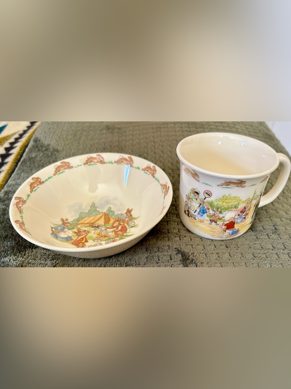Vtg Royal Doulton Child’s Baby’s Bunnykins Ceramic Bowl Handled Cup Set Camping